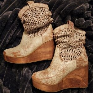 BED|STU Cream and Brown Wedge Boots